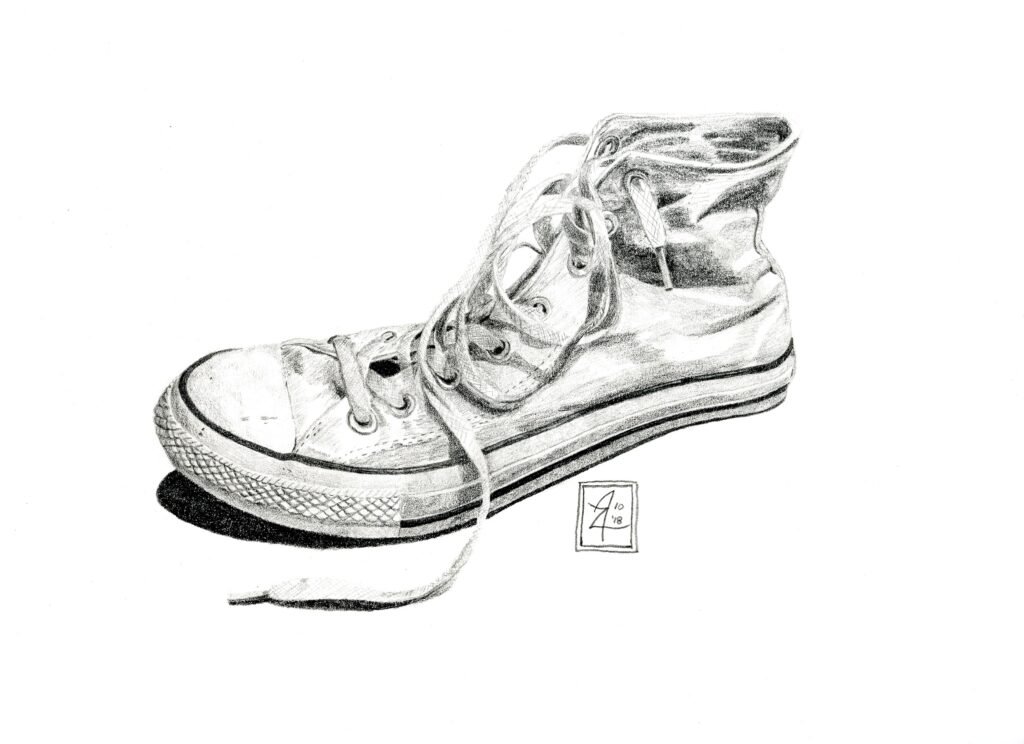 Graphite pencil drawing of a worn high-top sneaker with loose laces.