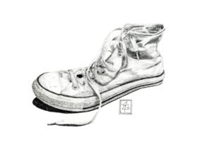 Graphite pencil drawing of a worn high-top sneaker with loose laces.