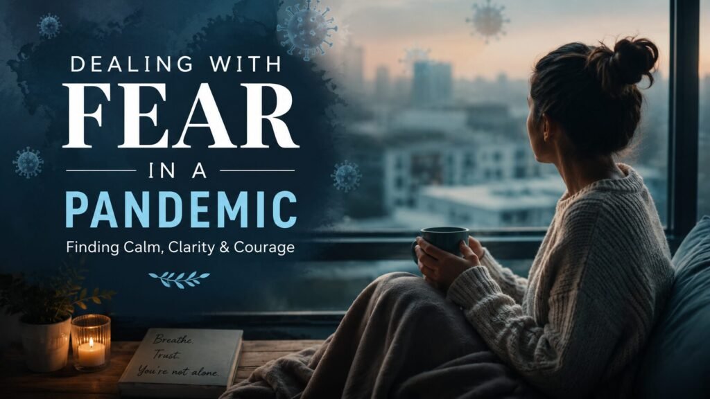 Woman holding a mug and looking out a window beside bold title text reading “Dealing with Fear in a Pandemic.”