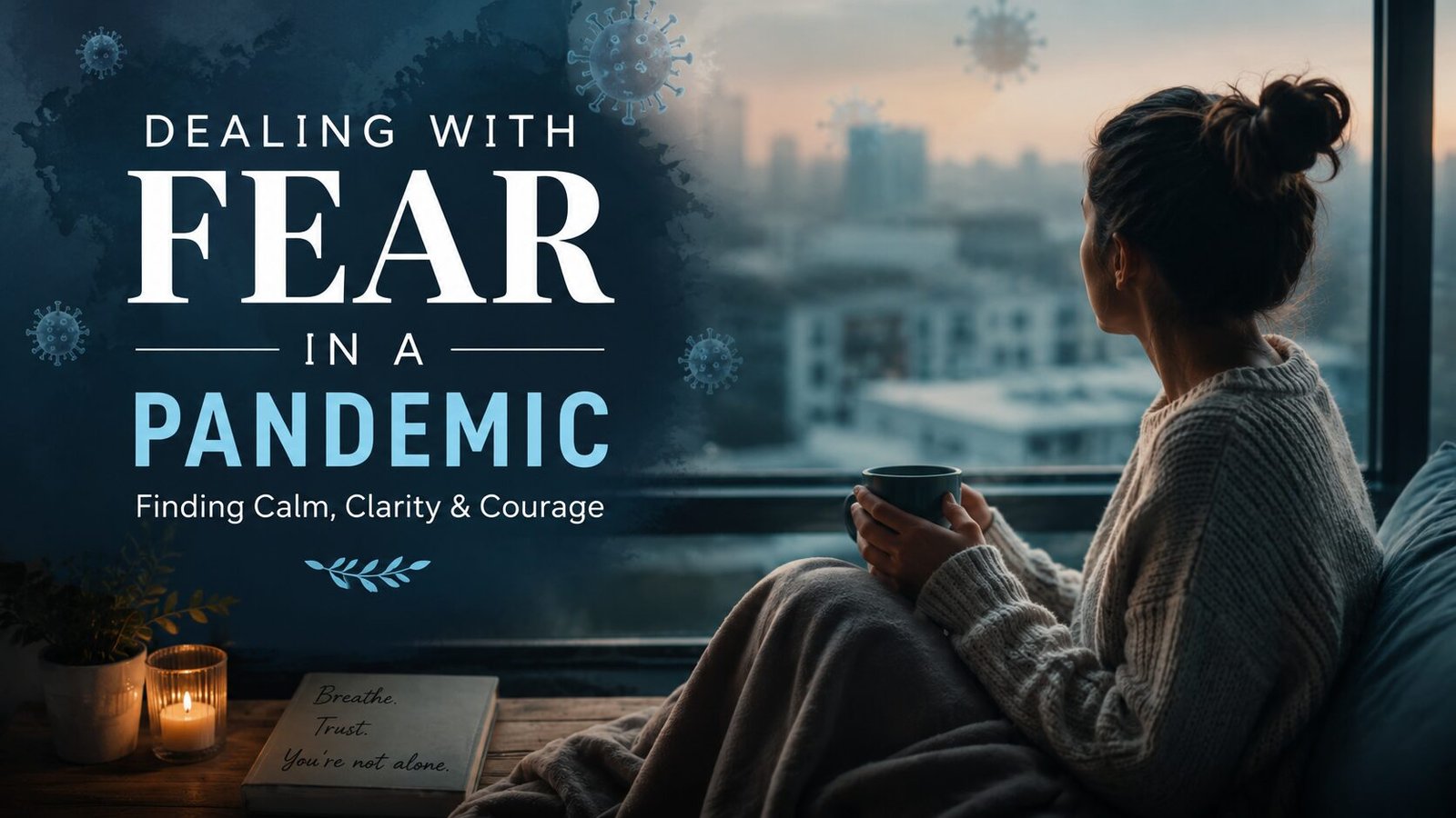 Woman holding a mug and looking out a window beside bold title text reading “Dealing with Fear in a Pandemic.”