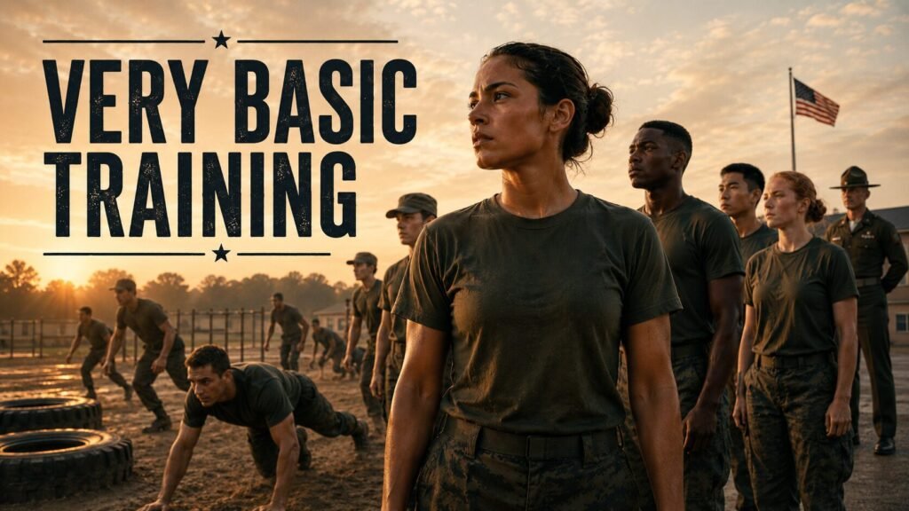 Military trainees in formation at sunrise with a training instructor in the background and bold text reading “Very Basic Training.”