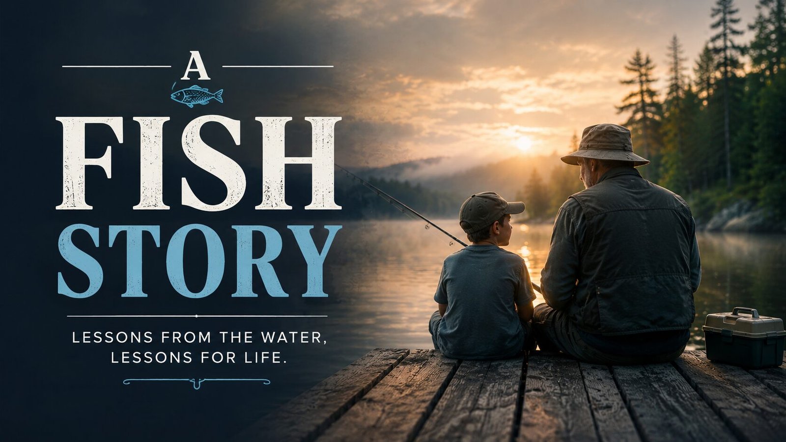 Older man and young boy fishing from a wooden dock at sunset beside bold text reading “A Fish Story.”