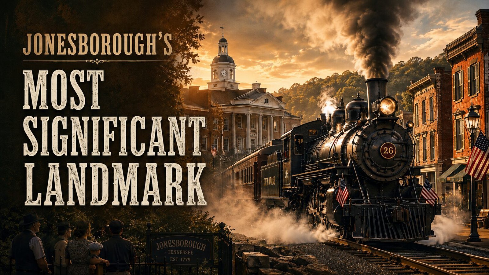 Steam locomotive passing through historic Jonesborough at sunset with the courthouse in the background and bold text reading “Jonesborough’s Most Significant Landmark.”