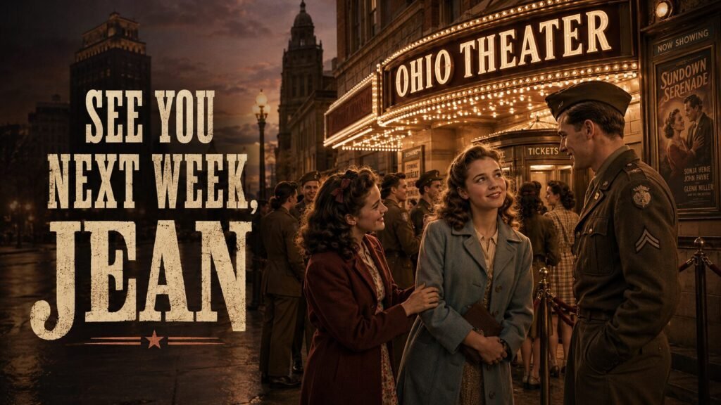 Two young women and a GI standing outside the Ohio Theater in the 1940s, with other soldiers and moviegoers lining up under the marquee beside bold title text reading “See You Next Week, Jean.”