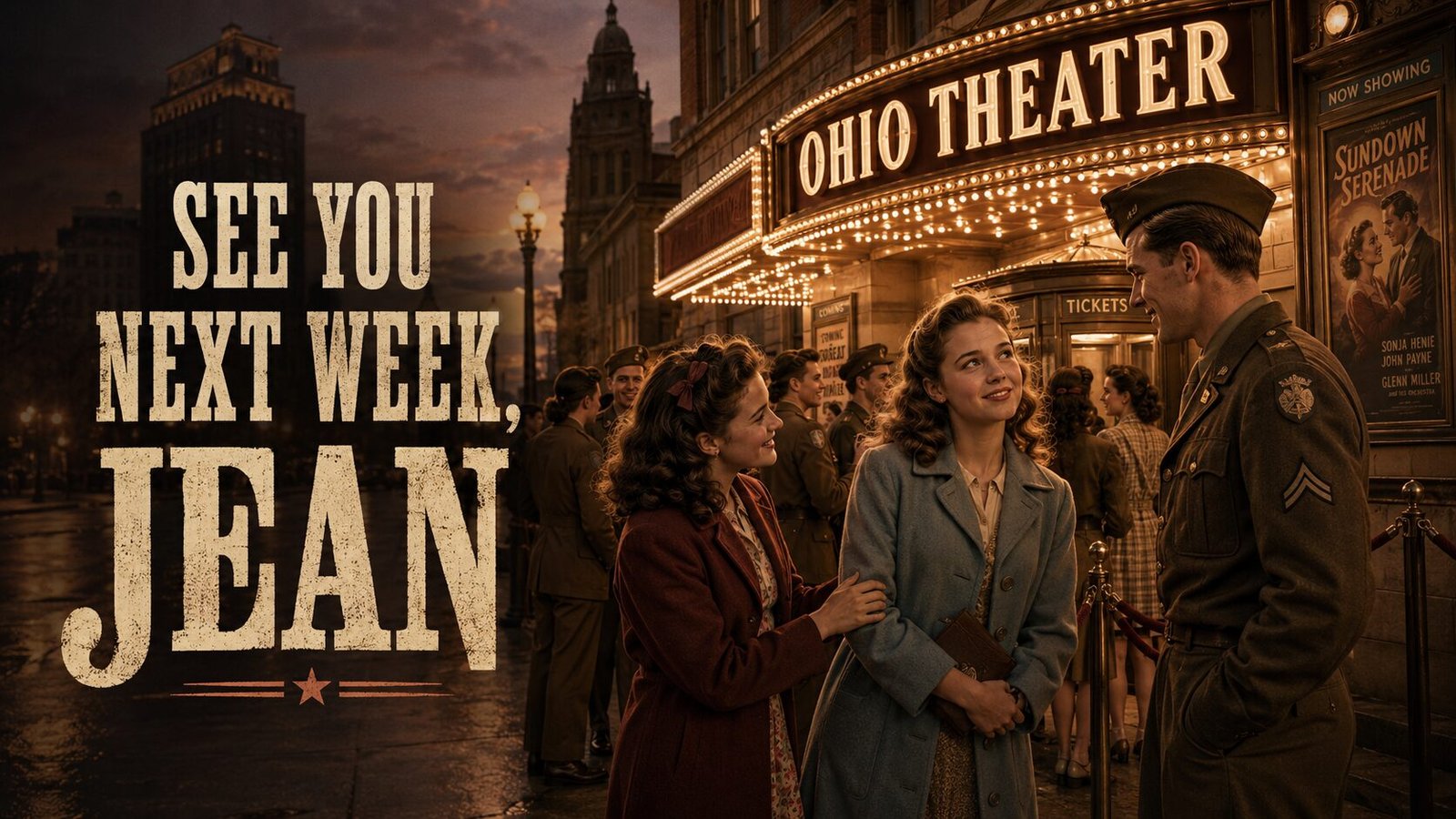 Two young women and a GI standing outside the Ohio Theater in the 1940s, with other soldiers and moviegoers lining up under the marquee beside bold title text reading “See You Next Week, Jean.”