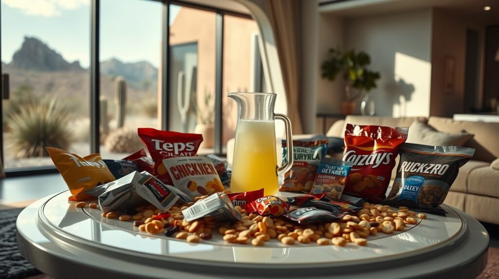A modern living room table covered in snack food