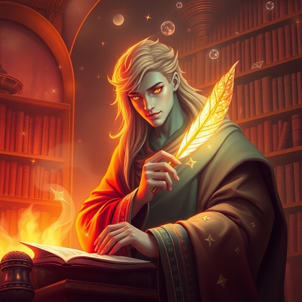 An elven wizard holding a quill