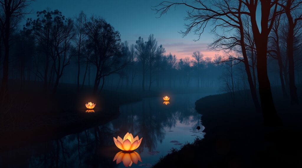 Three small lotus lanterns float along a dark river