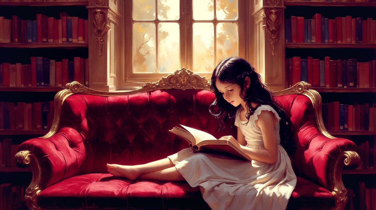 a young girl sits on a sofa reading a book