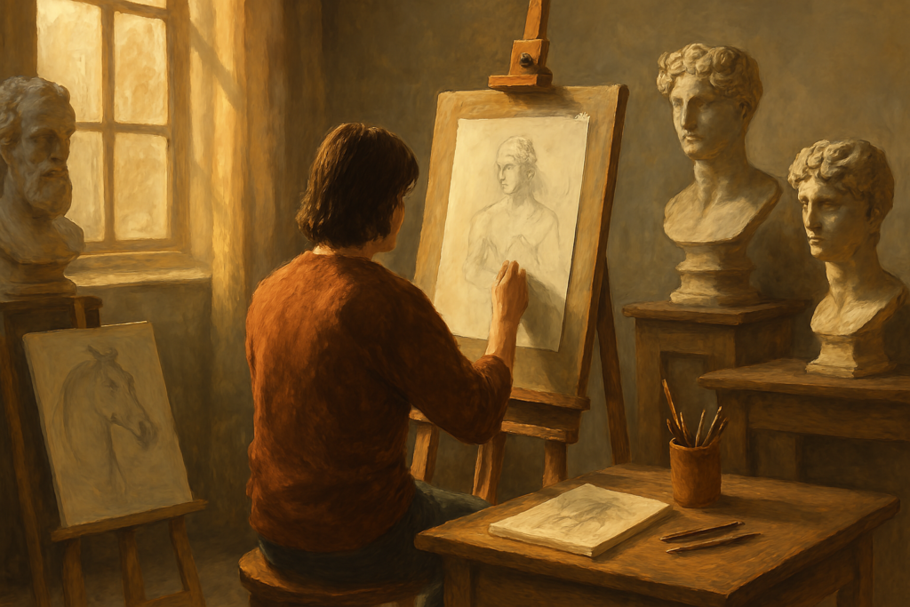 The scene portrays an artist's studio at golden hour, where a young artist sketches a female figure at an easel, bathed in warm sunlight streaming through a paneled window. Classic busts, wooden furniture, and soft lighting convey a sense of depth and serenity, with attention to textures and light creating a peaceful, earthy atmosphere