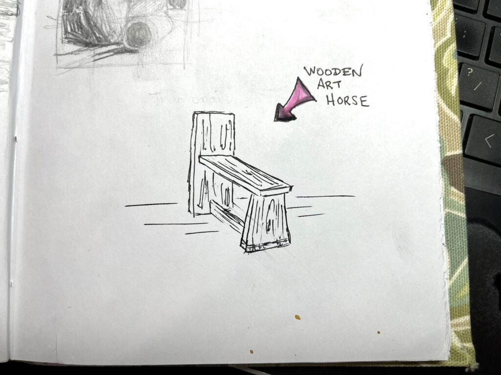 A hand drawn sketch of a wooden art horse