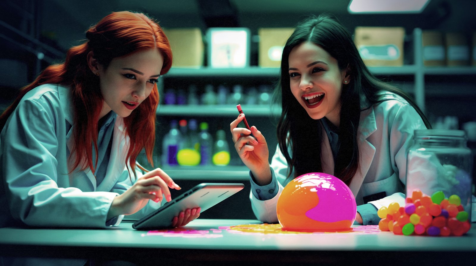 Two girls sit at a table for a lab experiment