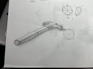 a sketch of a hammer in perspective