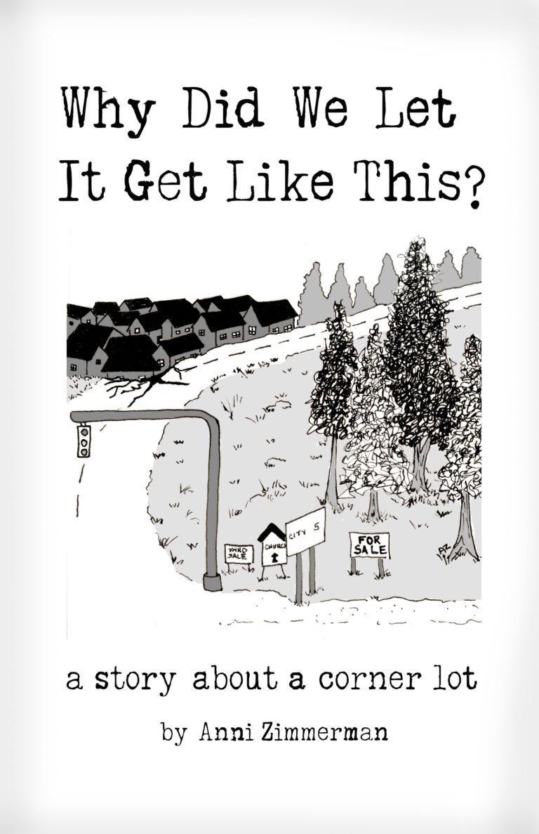 Black and white ink illustration of a sloping suburban road with scattered trees and roadside signs, evoking a sense of quiet before disruption.