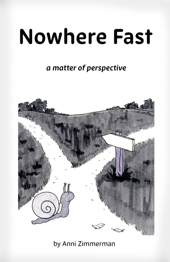An illustration of a snail at a crossroads, sitting beneath a wooden signpost. The sign reads “Nowhere” with an arrow pointing in both directions. The snail appears thoughtful, the landscape around it soft and open, evoking quiet contemplation.