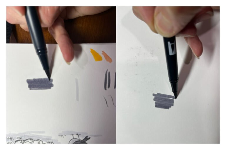 Side-by-side photo of a hand shading with a Tombow N45 marker on toothy vellum paper (left) and on smooth Bristol paper (right).