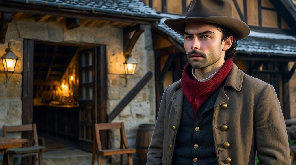 Young man with curly hair and mustache stands in front of a stone tavern, wearing a brown coat, wide-brimmed hat, and red scarf—evoking a historical fantasy rogue.
