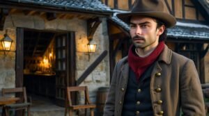 Young man with curly hair and mustache stands in front of a stone tavern, wearing a brown coat, wide-brimmed hat, and red scarf—evoking a historical fantasy rogue.
