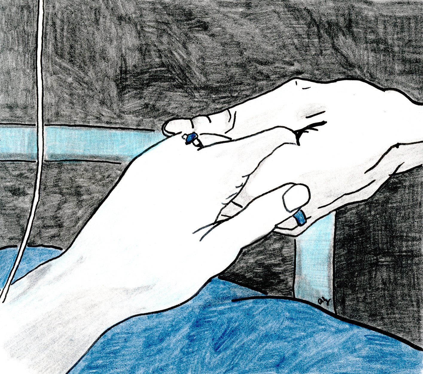 Hand-drawn illustration of two people holding hands, both wearing simple blue rings, with one hand resting on a hospital bed and an IV line visible.