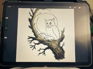Digital illustration of an owl perched on a gnarled tree branch, with a large full moon rising behind it. The drawing shows dark, textured bark and simple line work outlining the owl.