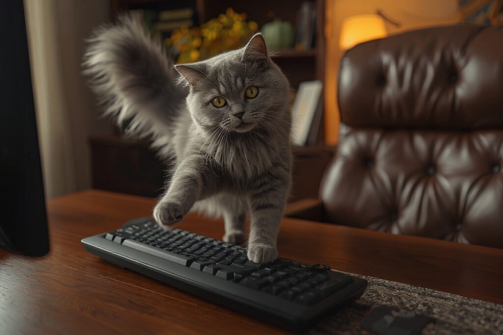 A fluffy gray cat steps boldly across a computer keyboard on a wooden desk, staring directly at the camera with playful defiance. A leather chair and warm lamp glow in the background.