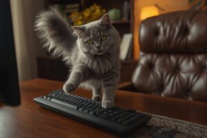 A fluffy gray cat steps boldly across a computer keyboard on a wooden desk, staring directly at the camera with playful defiance. A leather chair and warm lamp glow in the background.
