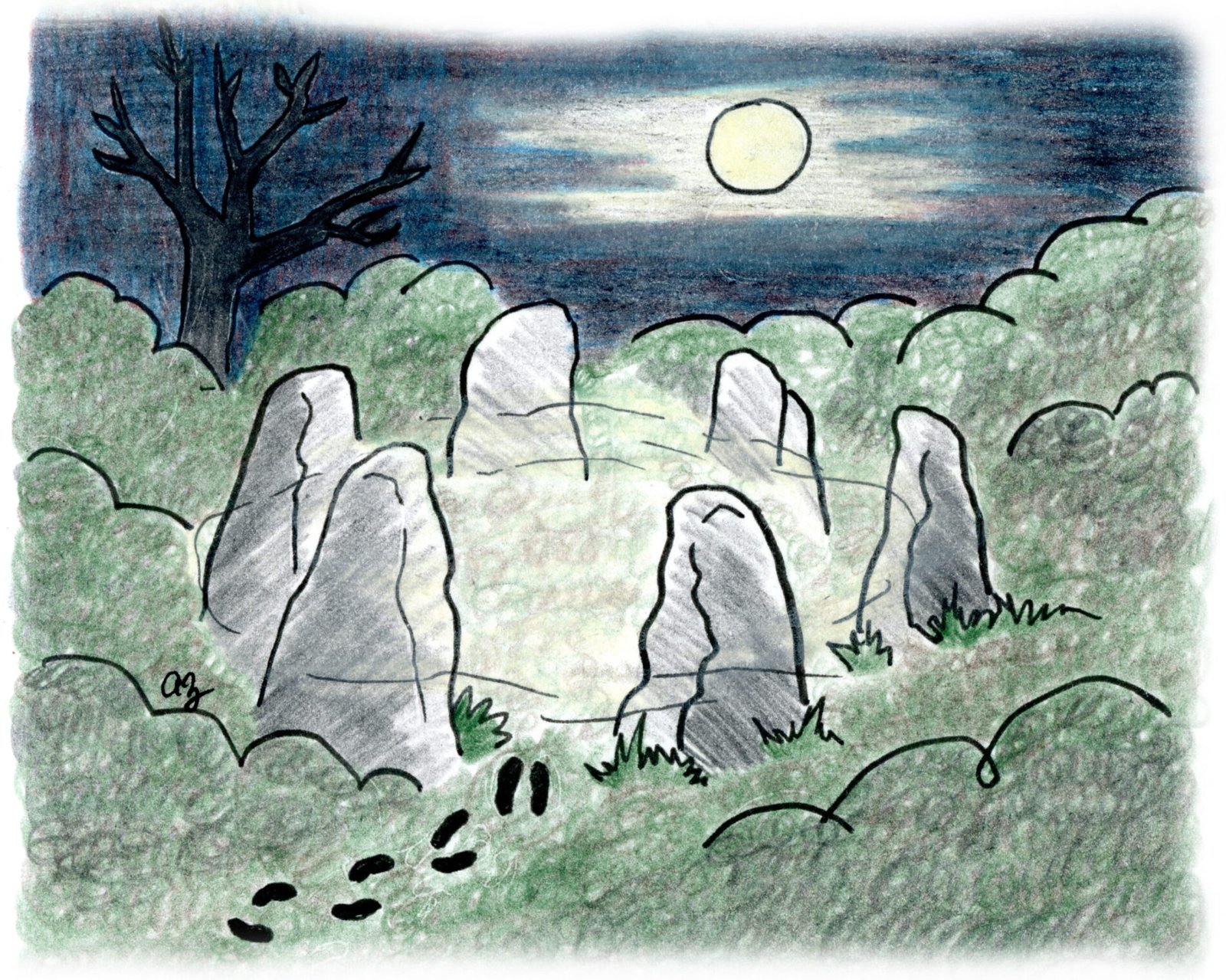 Hand-drawn illustration of a moonlit stone circle surrounded by bushes. Black footprints lead into the circle, where the stones glow faintly under the night sky.