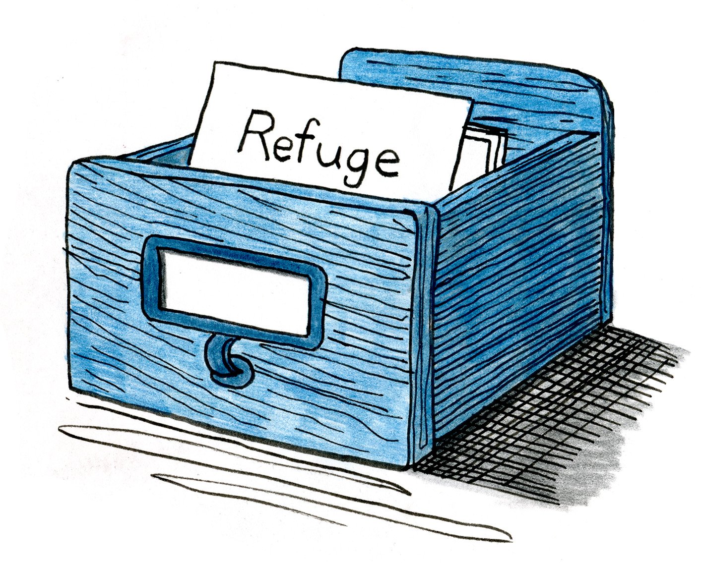 Illustration of a blue wooden library card catalog drawer with a single card sticking up labeled “Refuge.”
