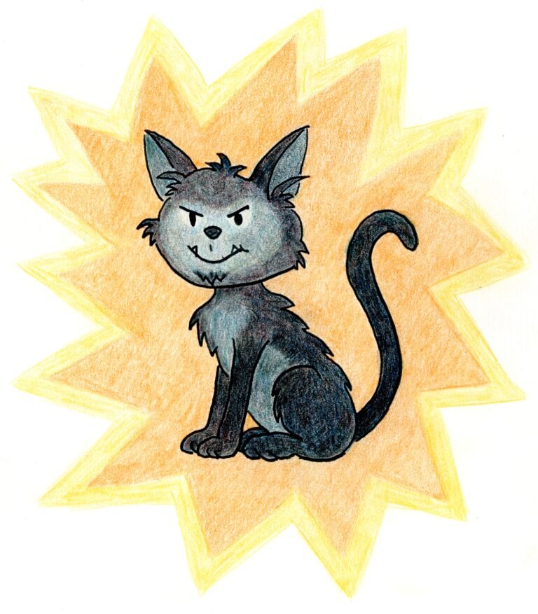 Hand-drawn illustration of Inkspatter, a mischievous cat-goblin gremlin, with tufted ears, sly grin, and long tail, sitting against a yellow starburst background.