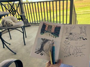 Hand holding a sketchbook of zine illustrations with pencils on a patio table, while a small white dog rests on a chair nearby.