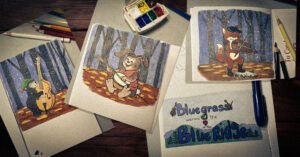 Collage of four hand-drawn winter animal illustrations—bear with a bass, rabbit with a banjo, fox with a fiddle, and a Blue Ridge lettering design—surrounded by colored pencils and sketchbook tools.