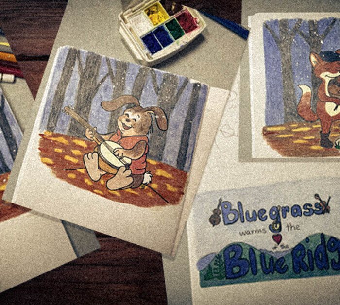 Collage of four hand-drawn winter animal illustrations—bear with a bass, rabbit with a banjo, fox with a fiddle, and a Blue Ridge lettering design—surrounded by colored pencils and sketchbook tools.