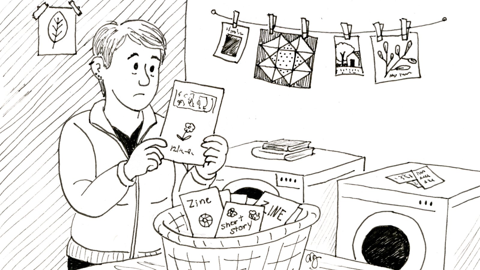 A black-and-white illustration of a woman standing in a laundry room, holding up a zine with a thoughtful expression as if examining a shirt. A laundry basket in front of her is filled with zines, short stories, and creative papers. Behind her, more artwork and small illustrations hang from a clothesline above a washing machine and dryer.
