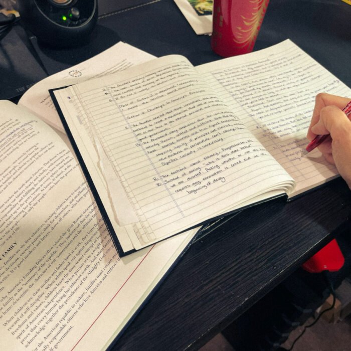 Open book and notebook on a desk, with handwritten notes and a hand writing with a red pen, documenting research and reflections for an altered book project.