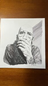 Black-and-white pen portrait of an older bald man with a beard, resting his hand against his mouth, drawn with detailed crosshatching.