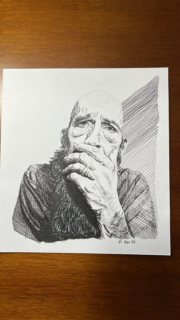 Black-and-white pen portrait of an older bald man with a beard, resting his hand against his mouth, drawn with detailed crosshatching.