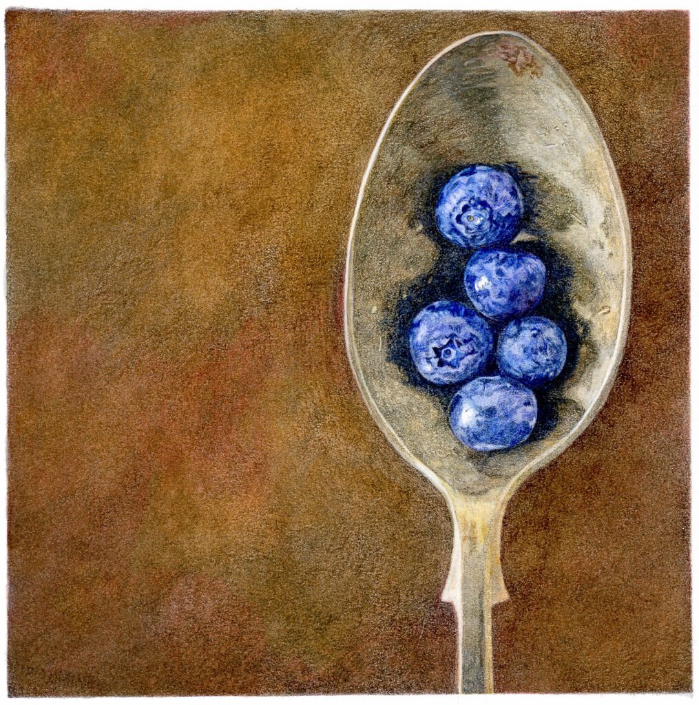 Colored pencil drawing of five blueberries resting in a gold spoon against a dark textured background.