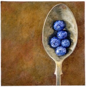 Colored pencil drawing of five blueberries resting in a gold spoon against a dark textured background.