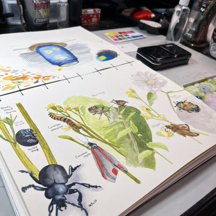 an artist's table with a finished watercolor work and palette