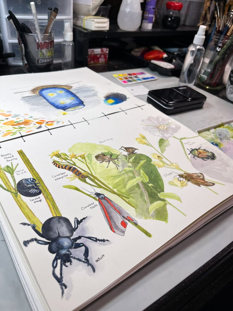 an artist's table with a finished watercolor work and palette