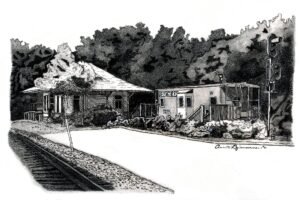 Graphite and ink study of the depot beside the railroad tracks, with surrounding trees, signs, and trackside details.