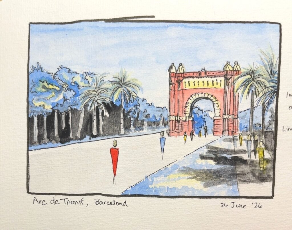 Urban watercolor sketch of Barcelona’s Arc de Triomf using a limited palette of blue, red, yellow, and black, finished with pen linework.