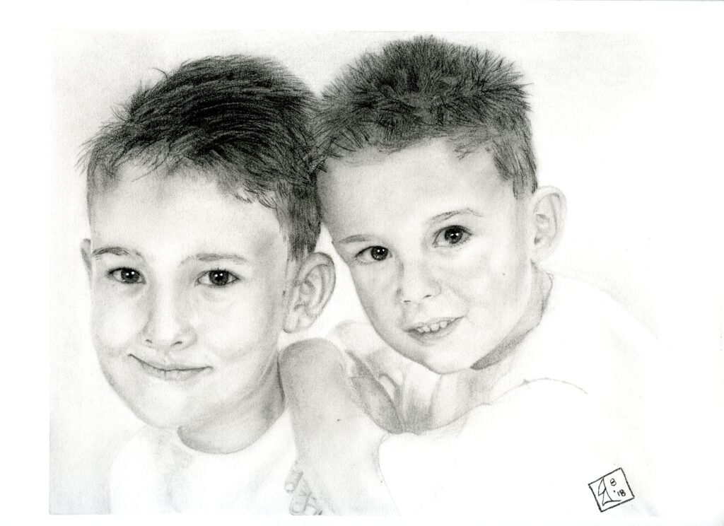 Graphite pencil portrait of two young boys smiling close together.