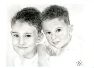 Graphite pencil portrait of two young boys smiling close together.