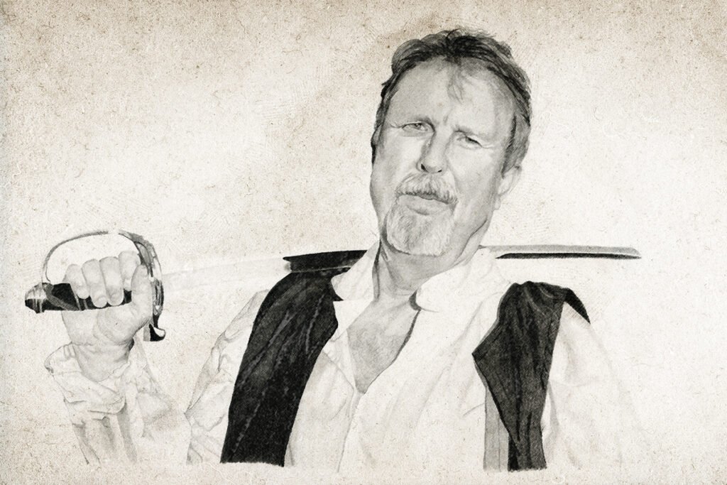 Graphite portrait drawing of a man in a white shirt and dark vest holding a sword over his shoulder, presented on a textured parchment-style background.