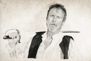 Graphite portrait drawing of a man in a white shirt and dark vest holding a sword over his shoulder, presented on a textured parchment-style background.