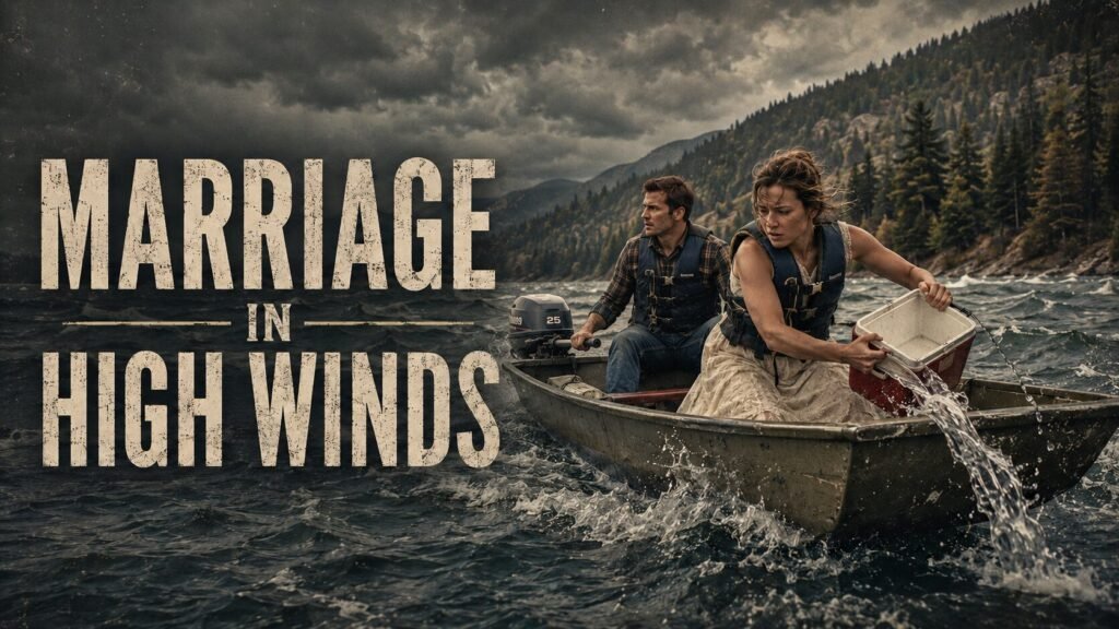 Couple in life jackets bailing water from a jon boat on a stormy mountain lake beside bold text reading “Marriage in High Winds.”