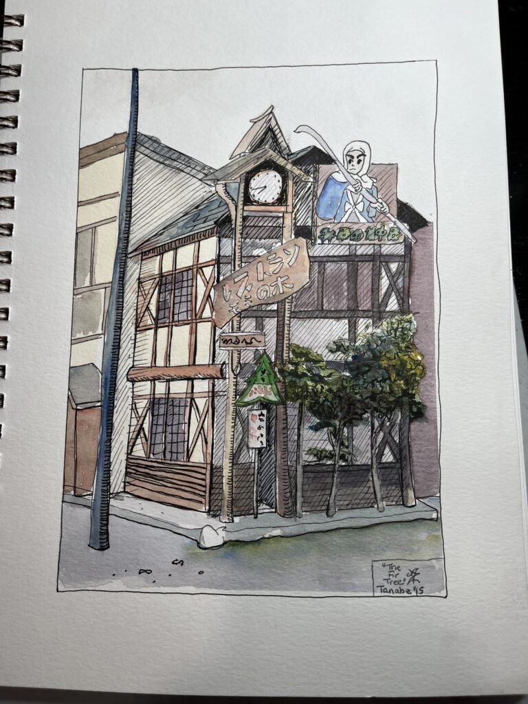 Pen and watercolor sketch of Mominoki Fir Cafe in Tanabe, showing a timber-style building, clock tower, signs, plants, and a figure holding a scythe on an upper balcony.