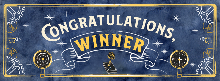 NaNoWriMo winner congratulations banner with white and gold lettering on a dark blue background, framed by gold decorative lines, stars, gears, and small instrument details.