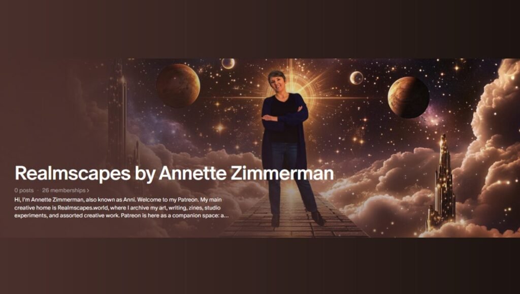 Patreon announcement graphic for Realmscapes by Annette Zimmerman, showing Anni standing on a glowing cosmic path among stars, planets, clouds, and golden towers.
